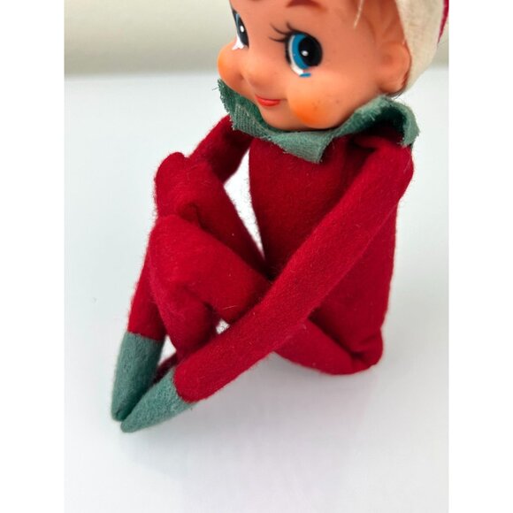 Vintage Rubber Face Knee Hugger Elf Figure Christmas Holiday Blue Eyes Bell READ - Picture 3 of 13
